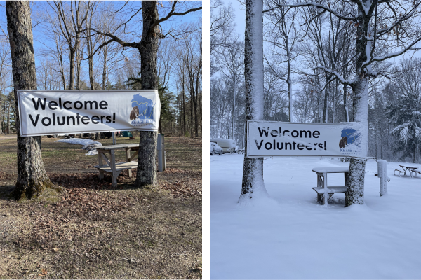 Two images of a "Welcome Volunteers!" sign. One (on the left) with early spring weather and one (on the right) covered in snow.