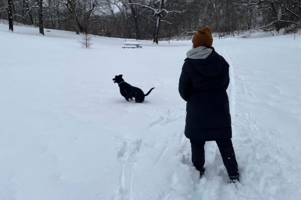 A woman and small black dog enjoy a hike on a snowy winter day.