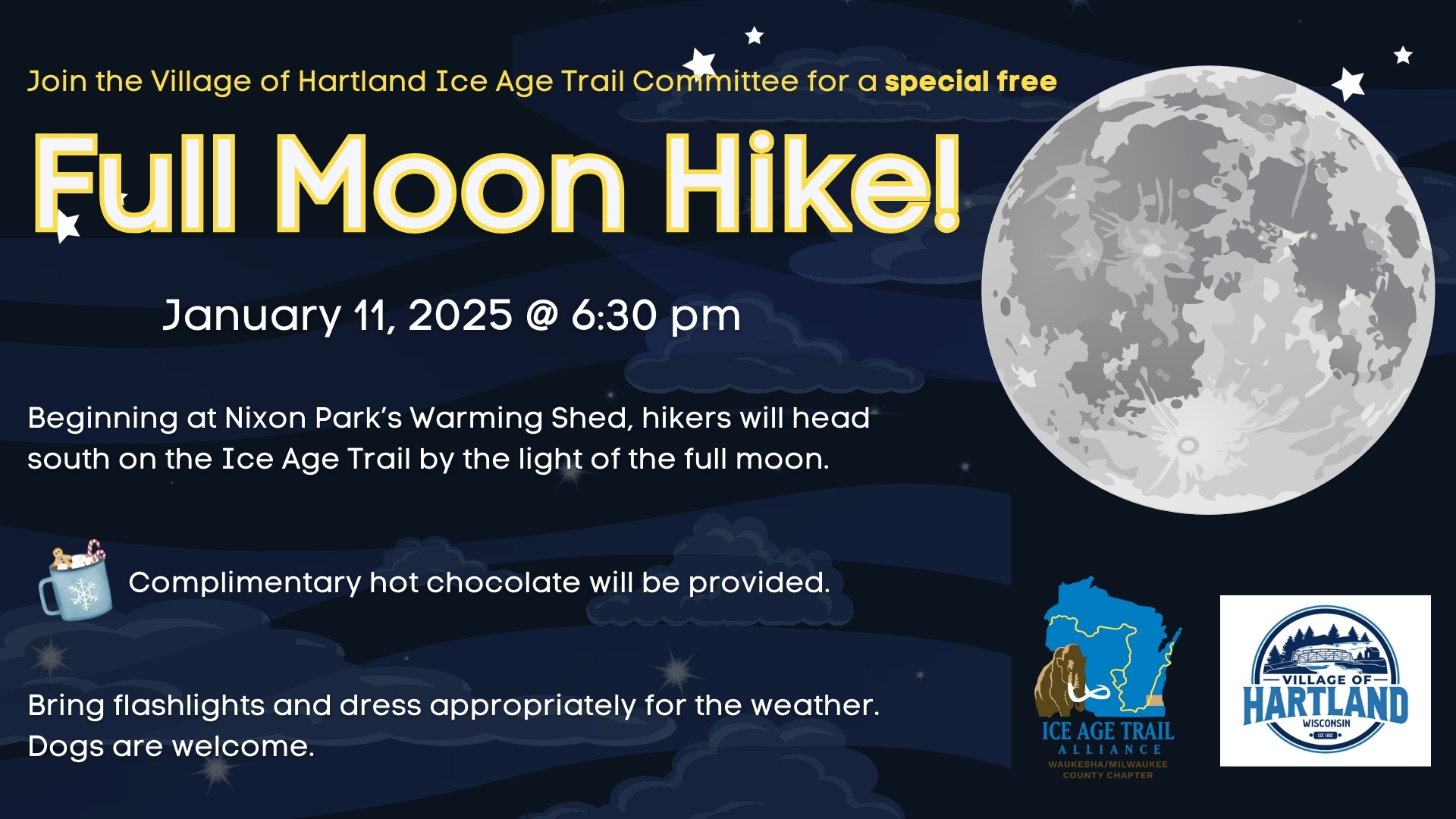 Poster for Jan. 11, 2025 full moon hike in Hartland.