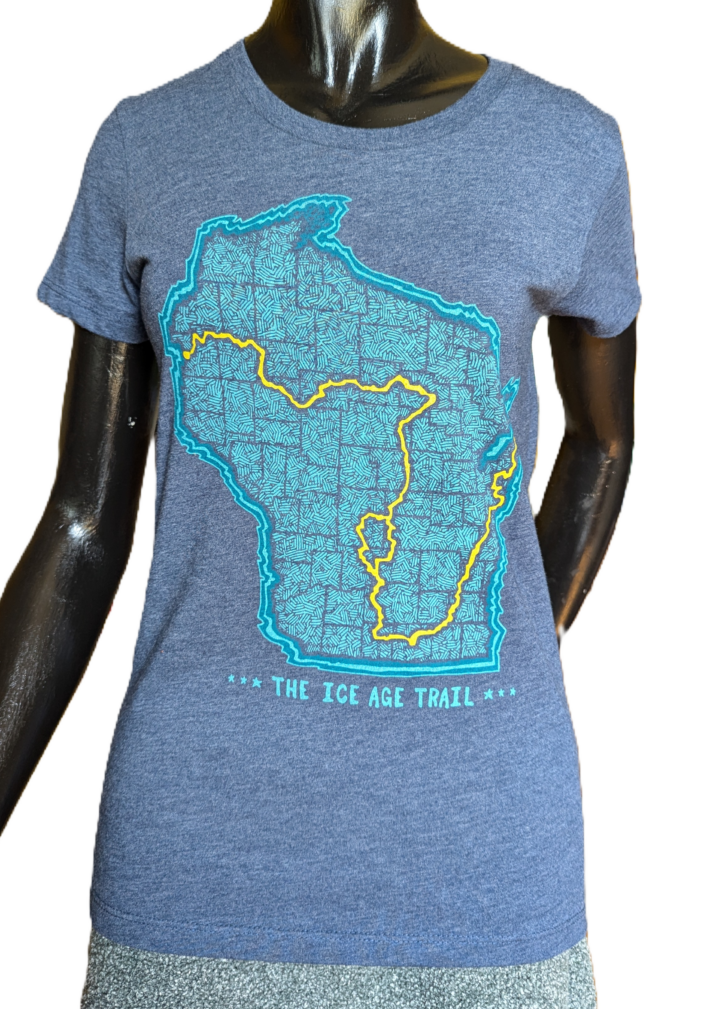 ~ Women's Ice Age Trail - Trail Map on blue T-shirt by Seek Dry Goods