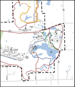 Diagram of 4.2 mile loop trail around Wolf Lake and the 1.8 mile loop trail.